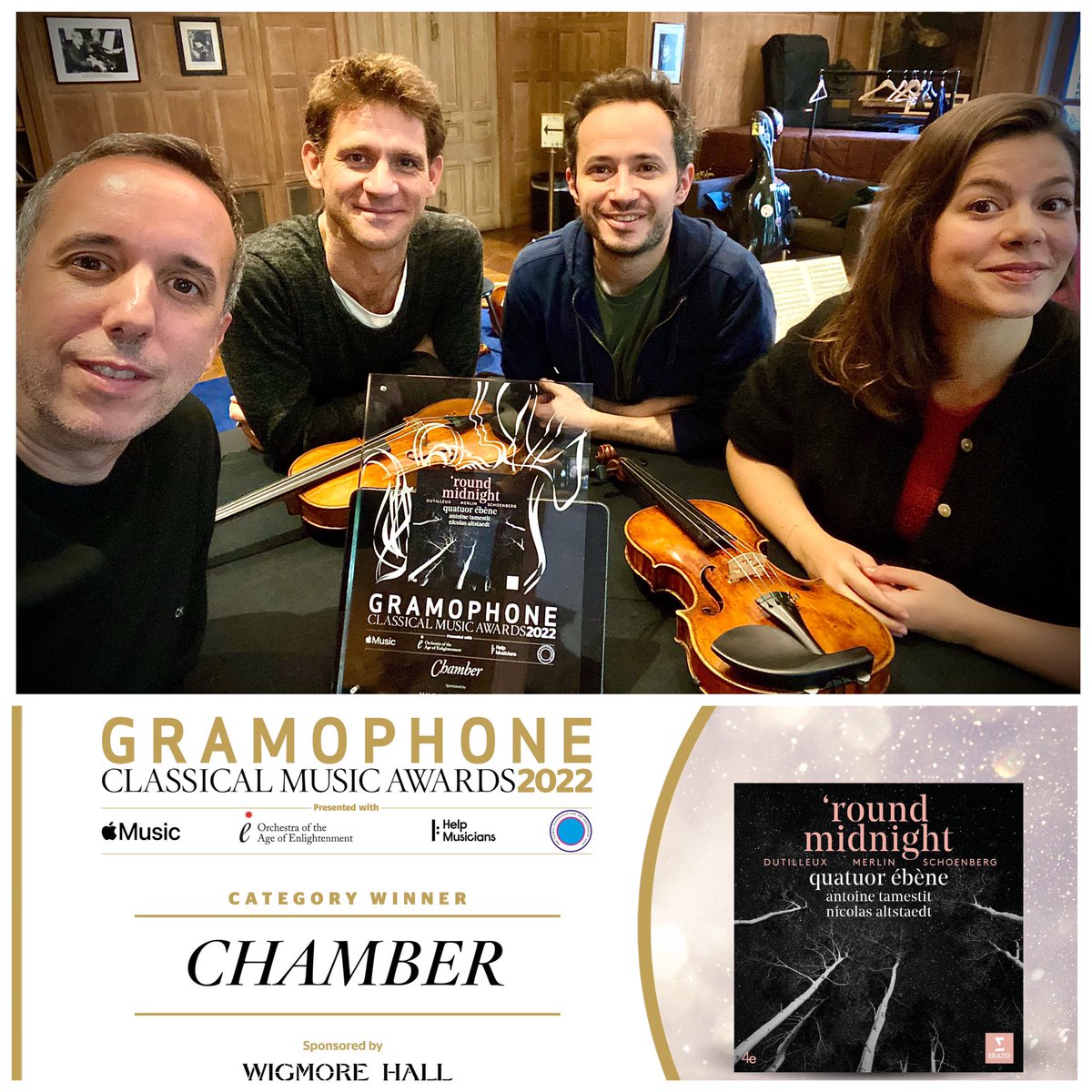 QuatuorEbene's tweet photo. We are EXTREMELY HAPPY AND THANKFUL 
« Chamber Gramophone Award » !!!
❤️ Nicolas Altstaedt &amp; @AntoineTamestit 🙏🏻
@GramophoneMag @wigmore_hall 
 @WarnerClassics @ImpSim #FabricePlanchat #fermedevillefavard @raphmerlin @GabLeMagadure https://t.co/xoK2Jh3MZd