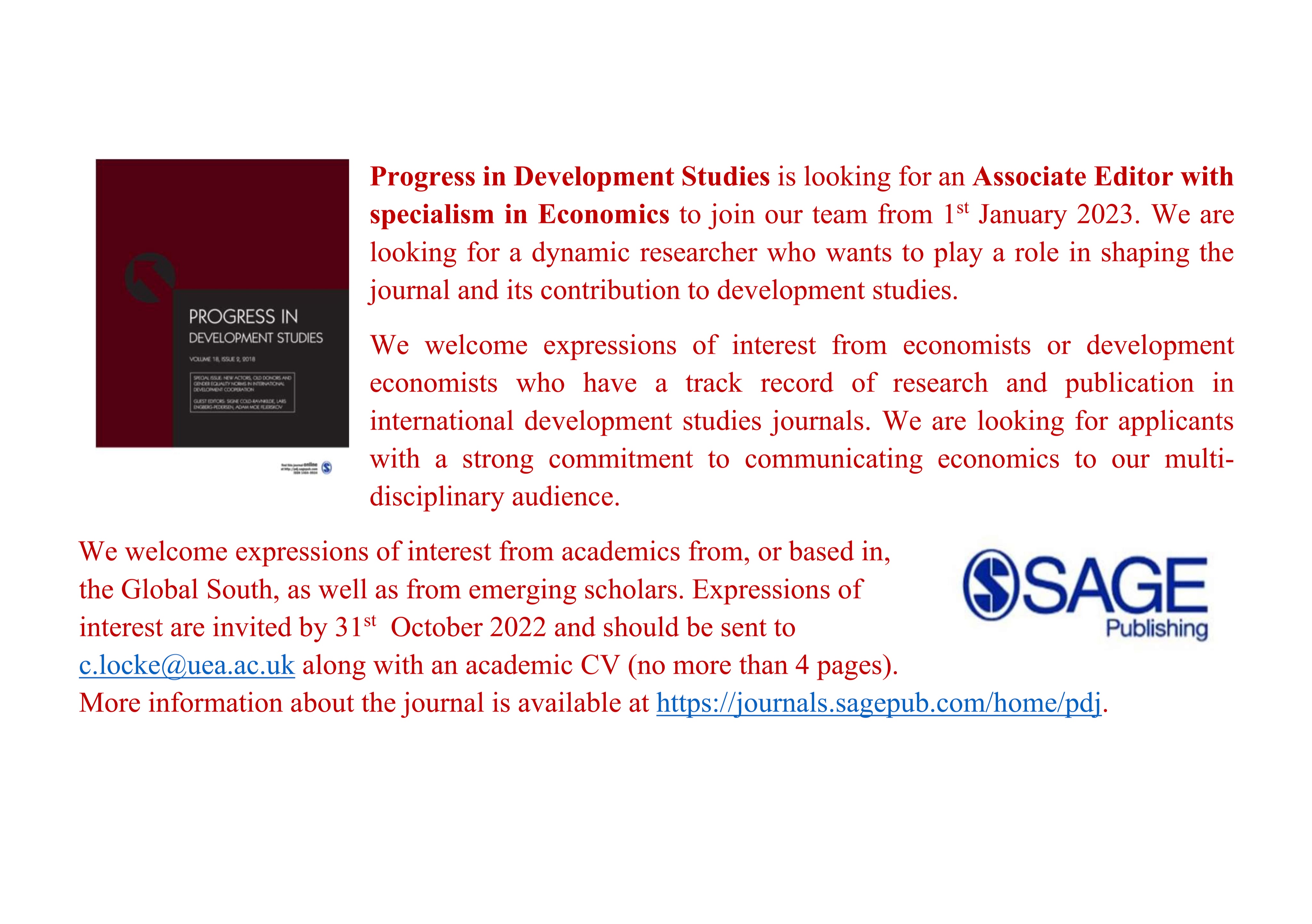 Progress in Development Studies on X: 🚨🚨Do you have a specialism in  Economics? Would you like to be our new Associate Editor? Please apply by  sending your cover letter and CV to