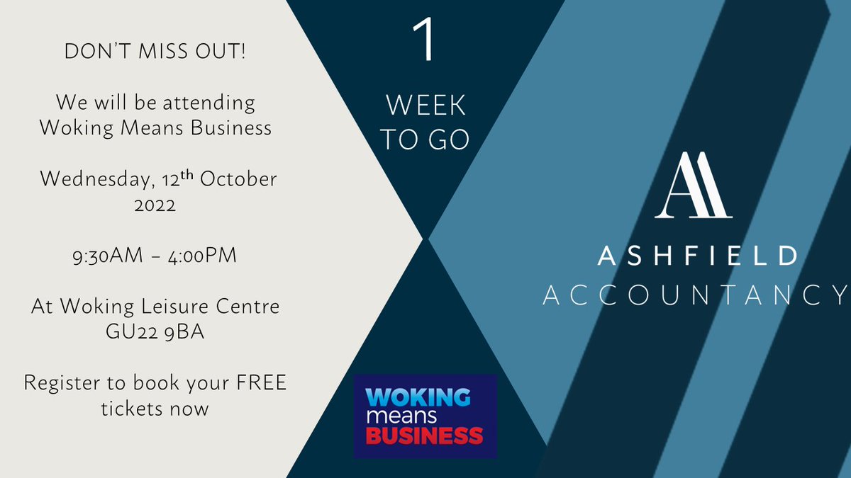 AshfieldAcc's tweet photo. 1 week until @WokingMeansBiz
Wednesday, 12th October at 9:30AM – 4:00PM at Woking Leisure Centre (GU22 9BA)

Don't miss out!
BOOK YOUR FREE TICKETS NOW
https://t.co/jowPopvfic
#wmb2022 #wokingevents #wokingbusiness https://t.co/Auhriff6LR