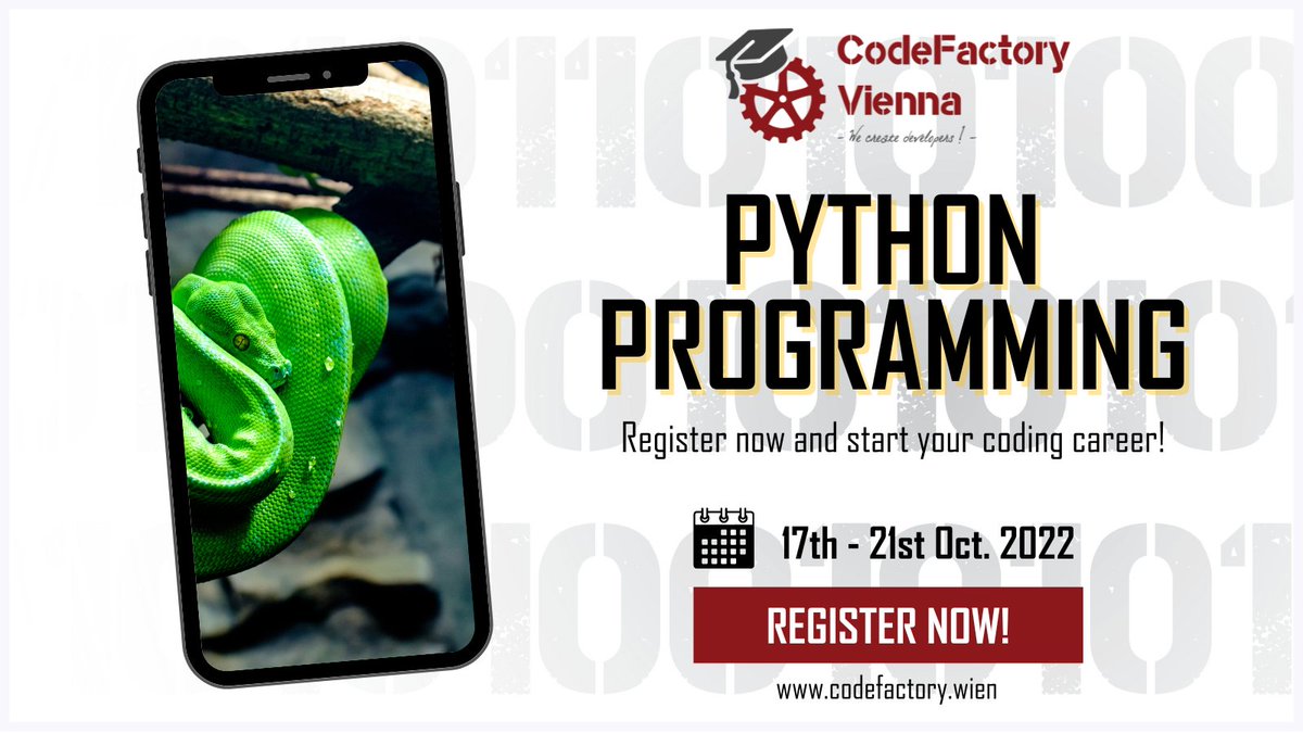 CodeFactoryVIE's tweet photo. Use this chance and learn how to code! Take your first steps in becoming an awesome data scientist! ππ§βπ»π©βπ»
Register here:
https://t.co/3whnRgw9Jr
Dates: 17th - 21st October 2022 βΌ
#wecreatedeveloper #python #pythoncode #pythonprogramming #IT #developer #programming #coding https://t.co/fuovKQR2zs