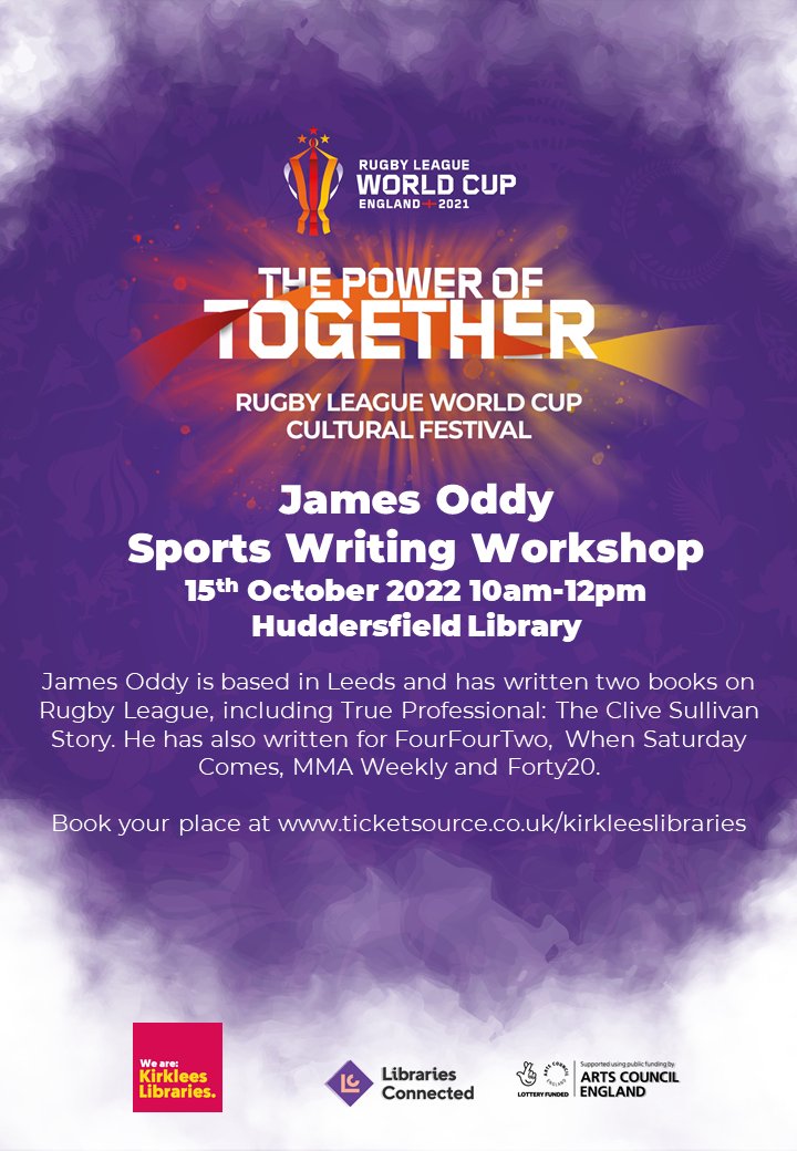 🚨 NEW EVENT! As part of the RLWC Cultural Festival, get your chance to meet James Oddy, an accomplished sports writer, next Saturday, 10 am – 12 pm at Huddersfield Library! Book now 👉 ticketsource.co.uk/kirkleeslibrar…