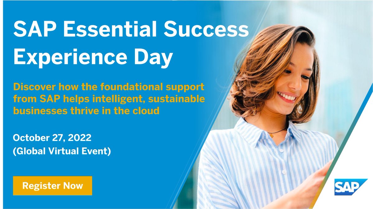 Join the #SAP Essential Success Experience Day on Oct. 27, 2022.

The virtual event explores how SAP’s foundational support model helps companies effectively adopt &amp; run SAP #cloud solutions with outcome-focused services and real-time support.

Register ➡️ imsap.co/6011MdiuT