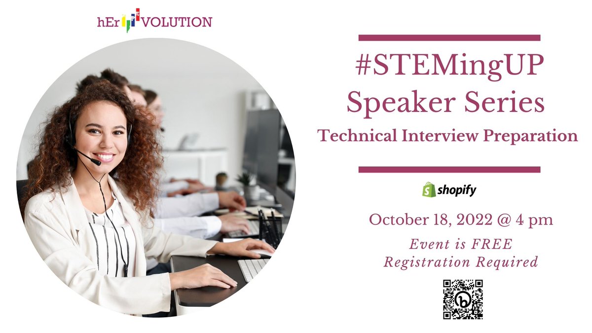 hEr_VOLUTION's tweet photo. Are you a girl/non-binary youth interested in a career in tech? Save your seat for the upcoming #STEMingUP Speaker Series - Technical Interview Preparation workshop https://t.co/nmTVRxk1GT https://t.co/PeLvmDJBRo