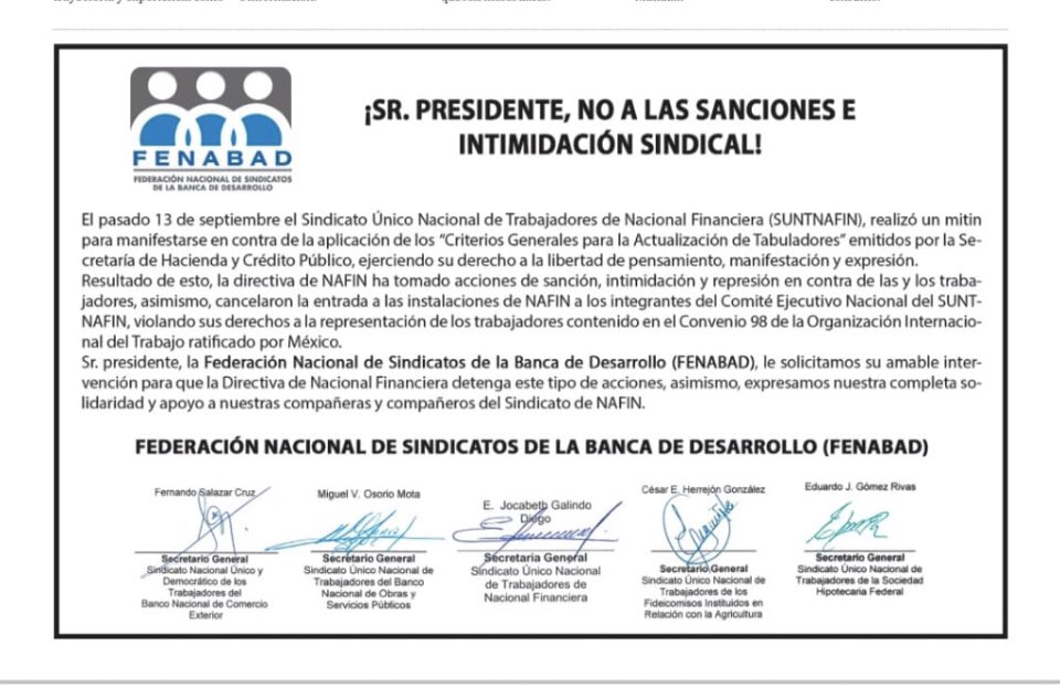Solidaridad con las y los trabajadores del <a href="/SUNTNAFIN/">SUNTNAFIN</a>. ¡Alto a la persecución y represalias de los dirigentes sindicales! <a href="/lopezobrador_/">Andrés Manuel</a> <a href="/fenabadmx/">FENABAD</a> <a href="/suntfira/">SUNTFIRA</a> <a href="/suntsohife/">SUNTSOHIFE</a> <a href="/SUNTBANOBRAS/">SINDICATO  BANOBRAS</a>