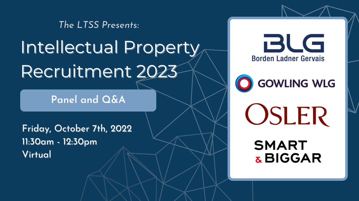 uOttawa_LTSS's tweet photo. Register now for the 2023 IP Recruit Panel and Q&amp;A with @BLGLaw @gowlingwlg_ca @SmartBiggar and @Osler_Law! 

Hear from IP firms directly, network and ask questions in advance of IP recruit deadline. 

🗓️ Friday, October 7 @ 11:30 am
📝Register here: https://t.co/49Hr9AmSJi https://t.co/ZCBX8NsSjO