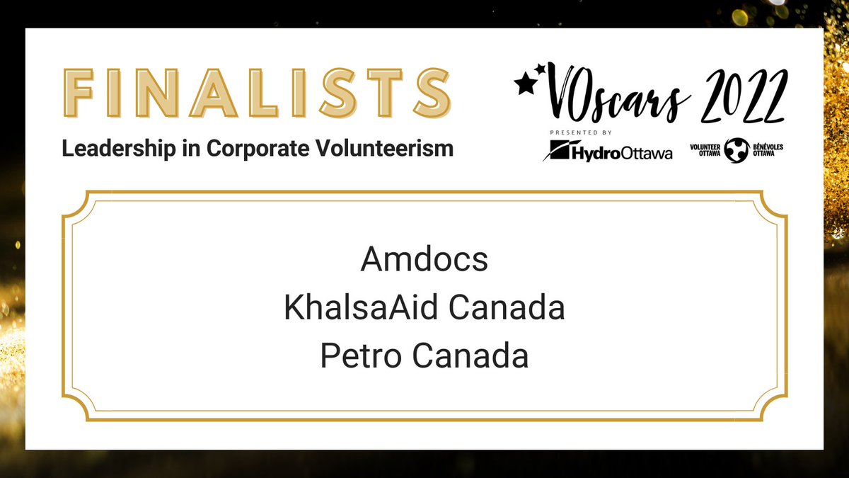 VolunteerOttawa's tweet image. We&apos;re announcing the finalists for the #VOscars Awards Gala, October 27!

In alphabetical order, the finalists for the Leadership in Corporate Volunteerism are:

@Amdocs 
KhalsaAid Canada
Petro Canada