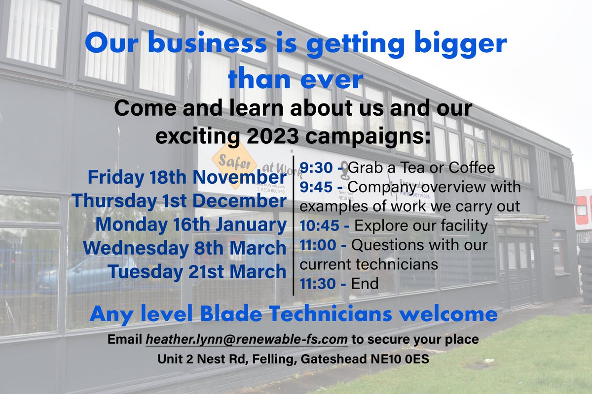 Renewable Field Services (@renewablefield) on Twitter photo With 2023 just around the corner, we're excited to show off our exciting new plans. Come and visit our Gateshead facility to learn all about it!
Email heather.lynn@renewable-fs.com to secure your place for any of the dates below #openday #facility #renewables #safetytraining With 2023 just around the corner, we're excited to show off our exciting new plans. Come and visit our Gateshead facility to learn all about it!
Email heather.lynn@renewable-fs.com to secure your place for any of the dates below #openday #facility #renewables #safetytraining