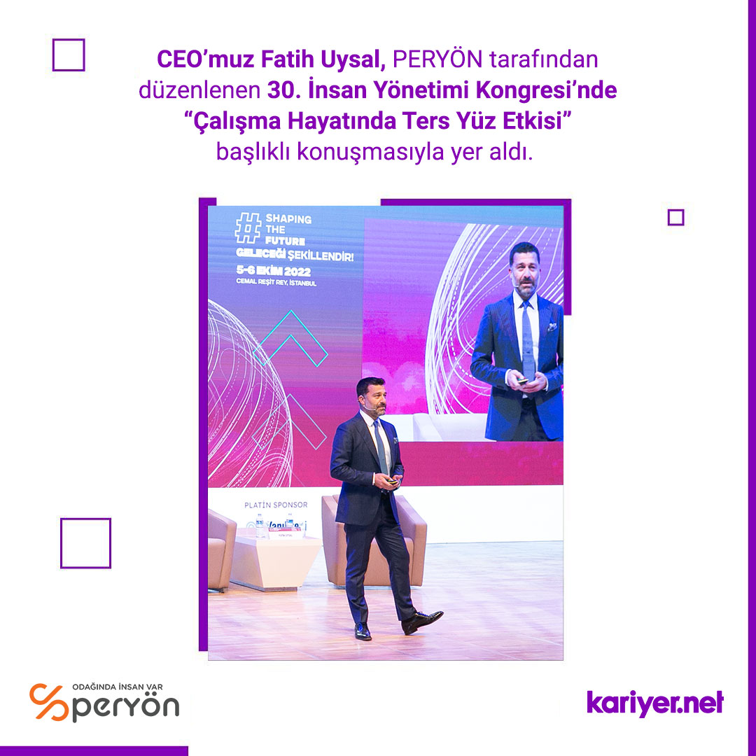 kariyernet's tweet photo. CEO’muz Fatih Uysal, PERYÖN tarafından düzenlenen 30, İnsan Yönetimi Kongresi’nde “Çalışma Hayatında Ters Yüz Etkisi” başlıklı konuşmasıyla yer aldı.
Uysal, pandemi ile hayatımıza giren kavramların iş dünyasında yarattığı dönüşümü anlattı.
#peryon #peryonkongre #shapingthefuture https://t.co/eJ6NZQzBrF