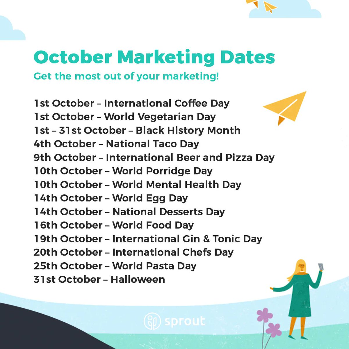 SproutSendCRM's tweet photo. October is a busy month for marketers! 📆 

#SproutCRM #SproutSend #CRM #Hospitality #CRMSolutions #crmdevelopment #customerexperience #businesssolutions #customermanagement #crmsoftware #restaurantmarketing #contentmarketing #hospitalitymarketing #restaurants #bars https://t.co/2May1qjsSU