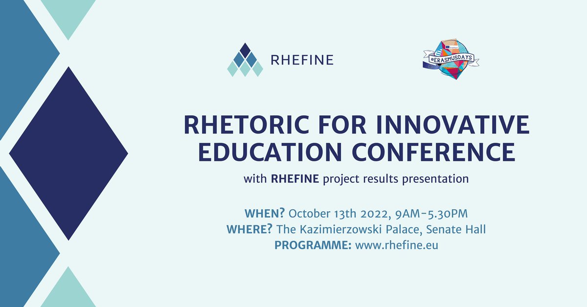 pracowniars's tweet photo. On October 13th we are hosting #Rhetoric for Innovative #Education conference with #RHEFINE project results presentation. Programme and more information about the project on: https://t.co/3n9LiichcY https://t.co/uXOHYxn7Mf