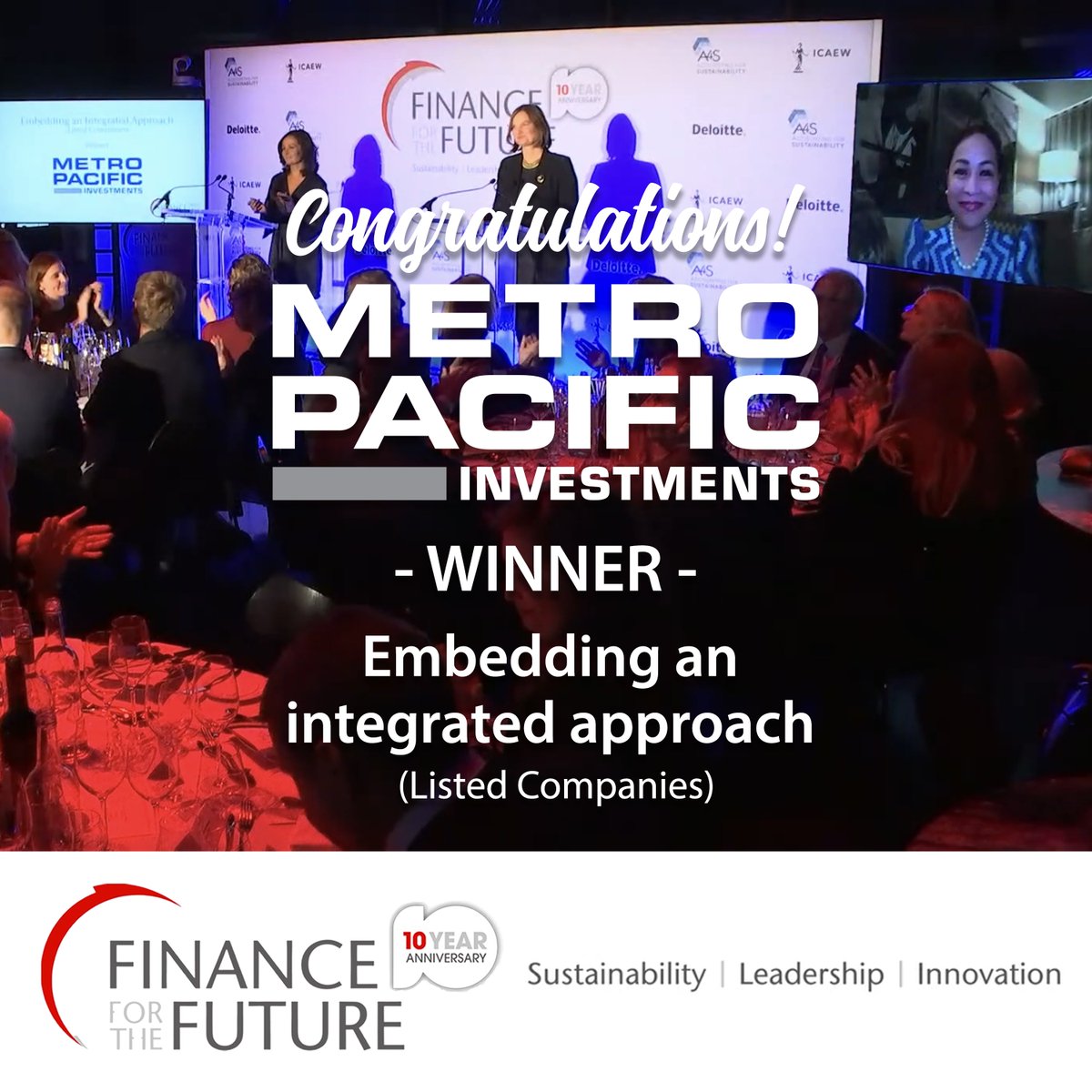 ANOTHER EXCELLENT WIN FOR MPIC! Metro Pacific Investments Corporation was recognized in the Finance for the Future Awards 2022. Among 7 other finalists, MPIC was declared the winner under the Embedding an integrated approach (Listed companies) category. #WeAreMPIC #F4TF2022