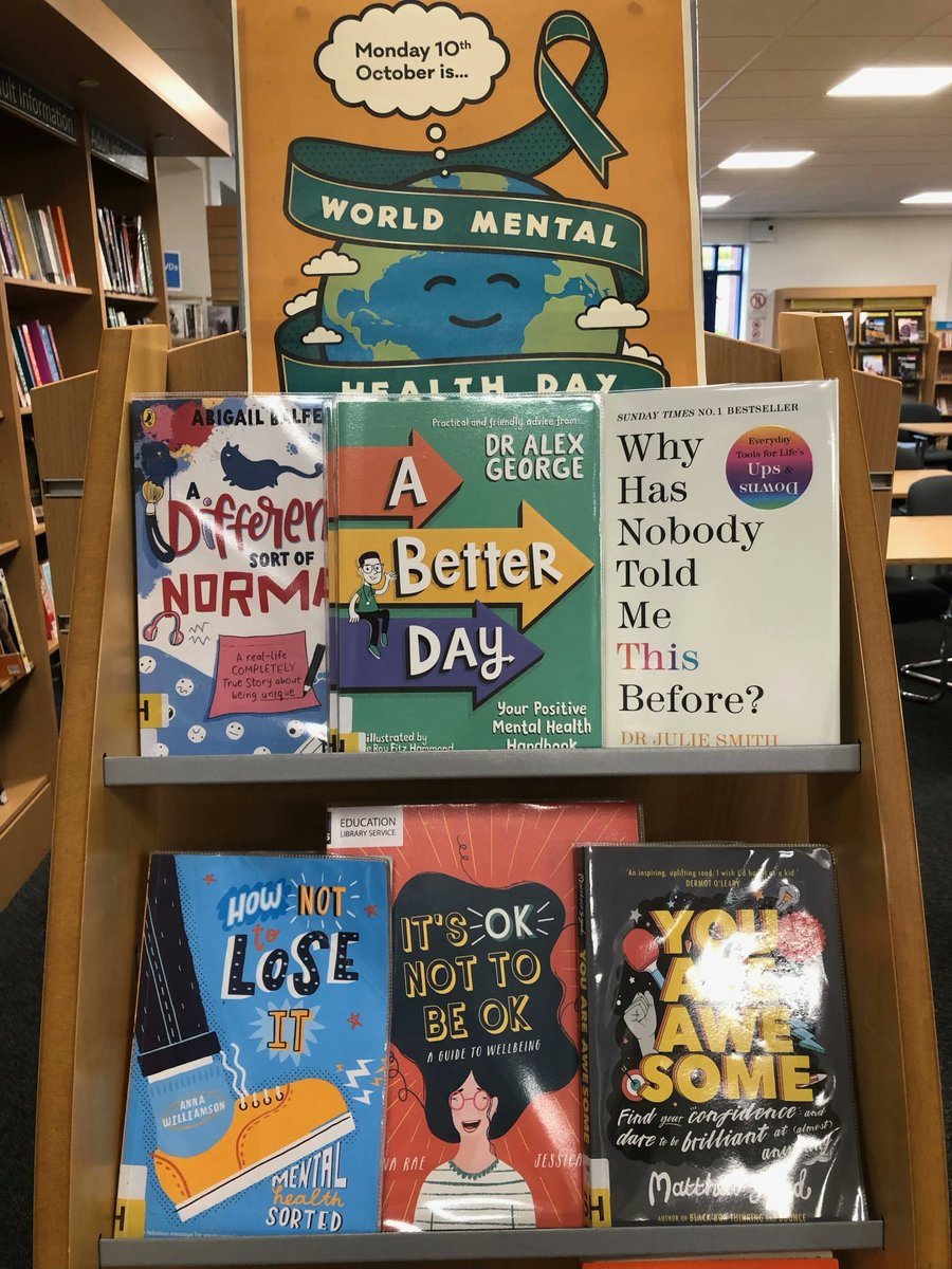 Visit our school library & loan Dr Alex George's new best-selling positive mental health book for Young People 'A Better Day'! Our display for World Mental Health Day (10th October) offers a variety of creative support and information books for all our students @DrAlexGoerge1