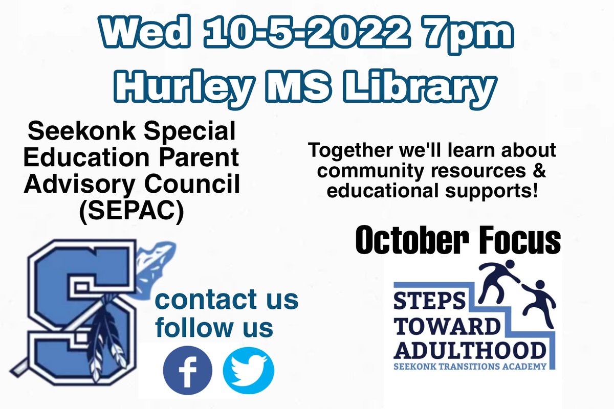 📢Please join us TODAY. We're so excited to have our guest speaker, Janet Fitzgerald, give us an update &amp; overview of the <a href="/SeekonkTA/">Seekonk Transitions Academy</a> program, activities, &amp; internships. Hope to see ya there!! <a href="/HurleyMiddle/">Dr. Kevin Hurley MS</a> <a href="/MartinElem_SPS/">George R. Martin Elementary School</a> <a href="/AitkenES/">Aitken Elementary</a> <a href="/SeekonkHS/">Seekonk High School</a>