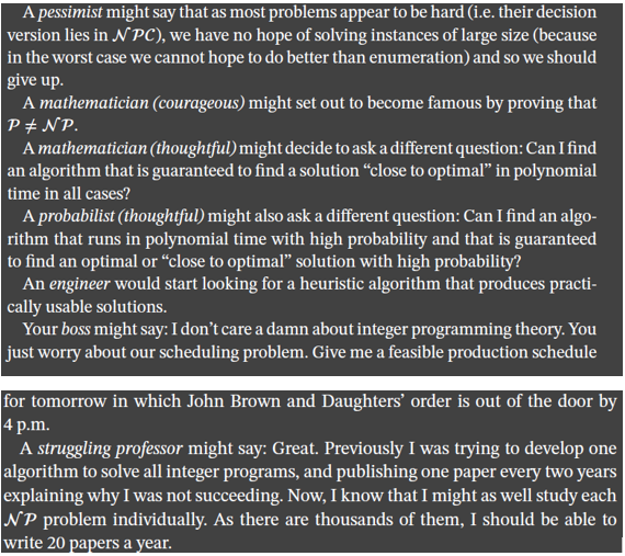 spineda_uma's tweet photo. Interesting viewpoints about P=NP (taken from Wolsey, L. A. (2020). Integer programming. John Wiley &amp; Sons.) https://t.co/C2gMrcSxnc