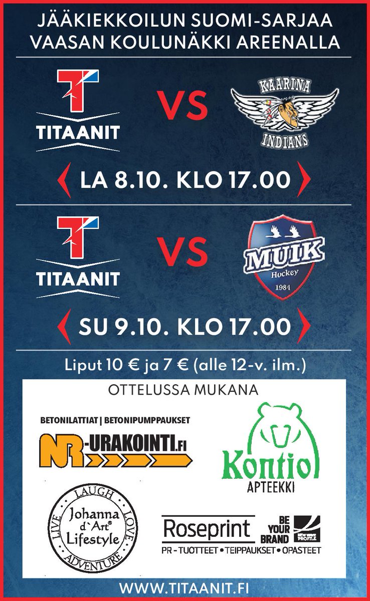 Titaanit1974's tweet photo. Jääkiekkoilun Suomi-sarjaa Vaasan Koulunäkki Areenalla tulevana perjantaina (8.10.) ja lauantaina (9.10.) klo 17:00 alkaen – Titaanit vs HCIK & Titaanit vs Muik Hockey! 🏒 #Titaanit #punanutut #Suomisarja #Kotka #Hamina #Pyhtää #HCIK #Kaarina #MuikHockey #Uusikaarlepyy #Nykarleby https://t.co/kPptxWOXJL