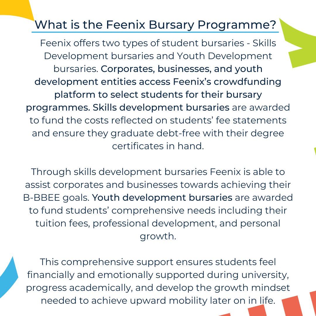 SeemeGosego's tweet photo. Feenix offers two types of student bursaries - Skills Development bursaries and Youth Development bursaries. 

Businesses, and youth development entities access Feenix’s crowdfunding platform to select students for their bursary programmes. post below https://t.co/QXfmhohFBq https://t.co/kPKc92GfZ7