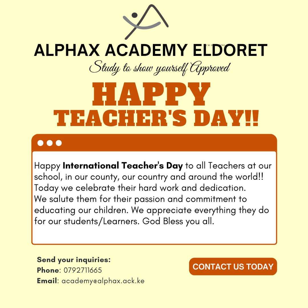 AlphaxEldoret's tweet photo. Join Us Today in wishing our distinguished teachers a Happy International Teacher's Day Today.

We salute them for their relentless irresistible determination in imparting knowledge and skills to all our learners.
#HappyInternationalTeachersDay https://t.co/FOc3BW3MVl