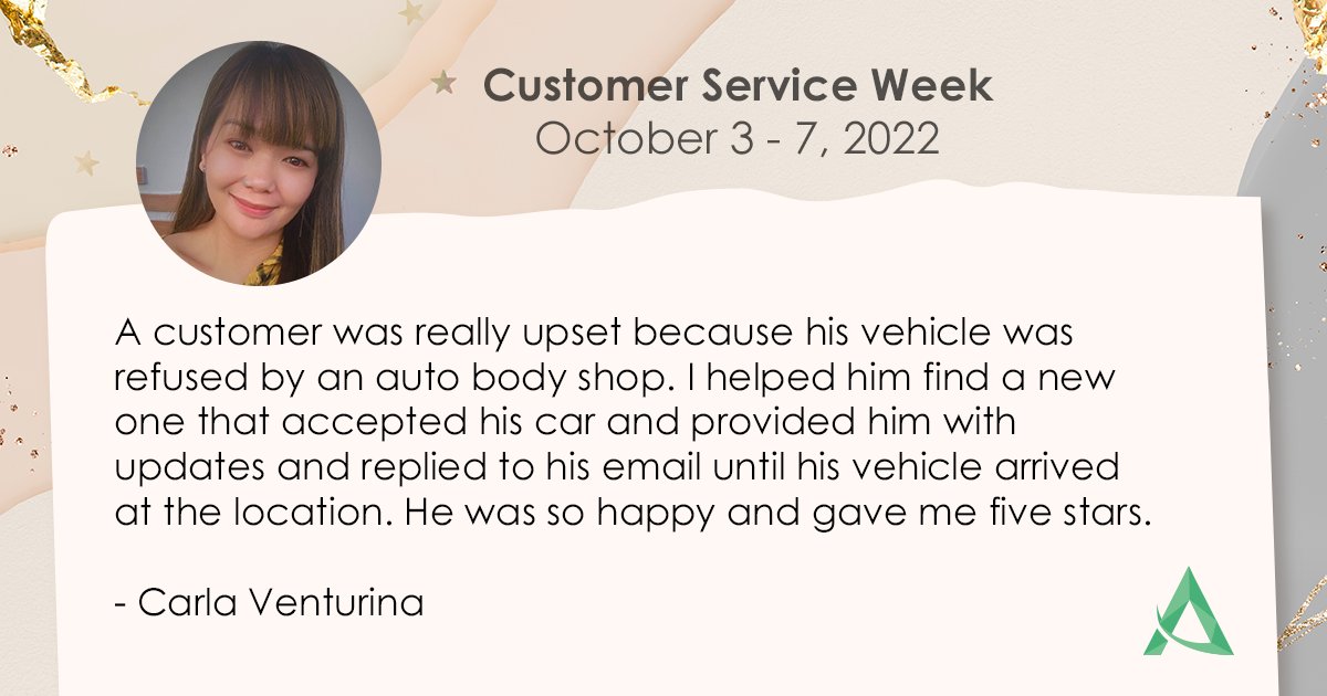 Peak_Support's tweet photo. We're already halfway through #CustomerServiceWeek.😲
So why did a customer give Carla five stars for the #customerservice she provided him?🤔
It's because she went the extra mile for him.👏
#PowerOfService #CelebrateService #CSWeek https://t.co/rrS5cyO8Qq