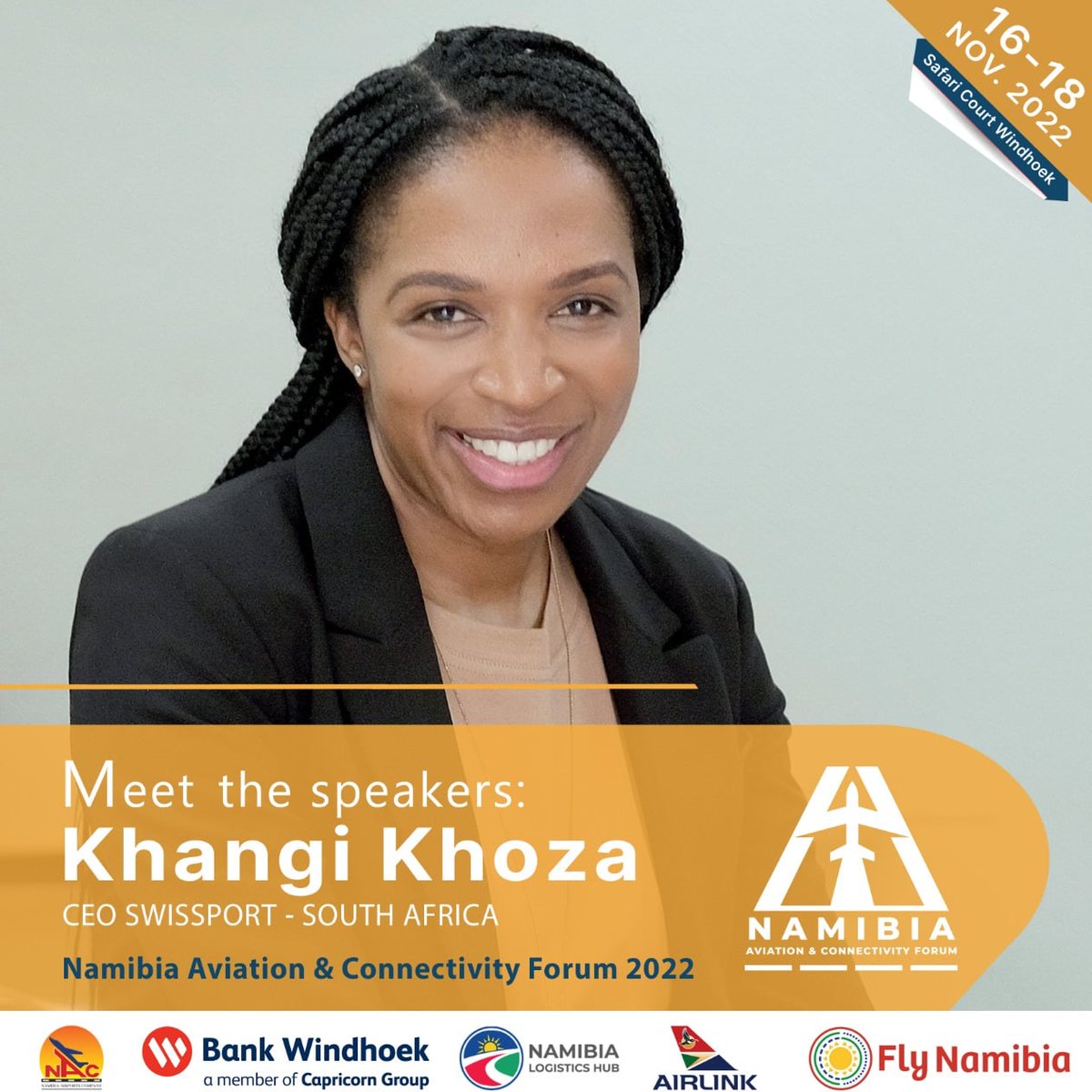 ForumNamibia's tweet photo. She's an industry leader and she will be part of the Namibia Aviation and Connectivity Forum taking place 16-18 November 2022 in Windhoek. @Swissport 
#namibiaaviationforum 
#travelandtourism 
#namibia 
#aviation https://t.co/PYYerWYyRT