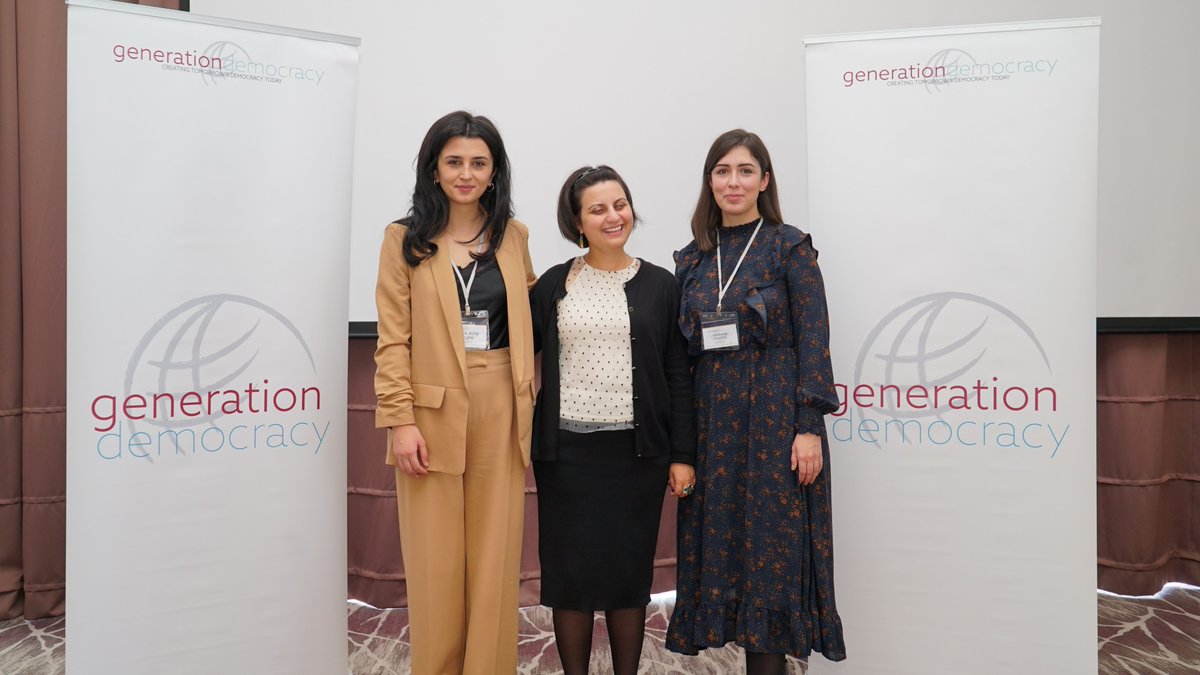 IRIGenDem's tweet photo. GenDem Members @irisacupa, @vujovicvedrana, and Esma Gumberidze spoke today at the Democracy in Action Lab in Sarajevo, BiH to discuss common practices and challenges in ensuring democratic resiliency in Albania, BiH, and Georgia #unitingyouth https://t.co/opXD7djcu9
