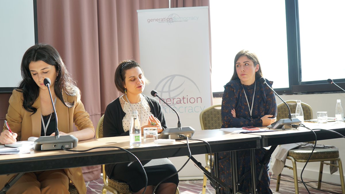 IRIGenDem's tweet photo. GenDem Members @irisacupa, @vujovicvedrana, and Esma Gumberidze spoke today at the Democracy in Action Lab in Sarajevo, BiH to discuss common practices and challenges in ensuring democratic resiliency in Albania, BiH, and Georgia #unitingyouth https://t.co/opXD7djcu9