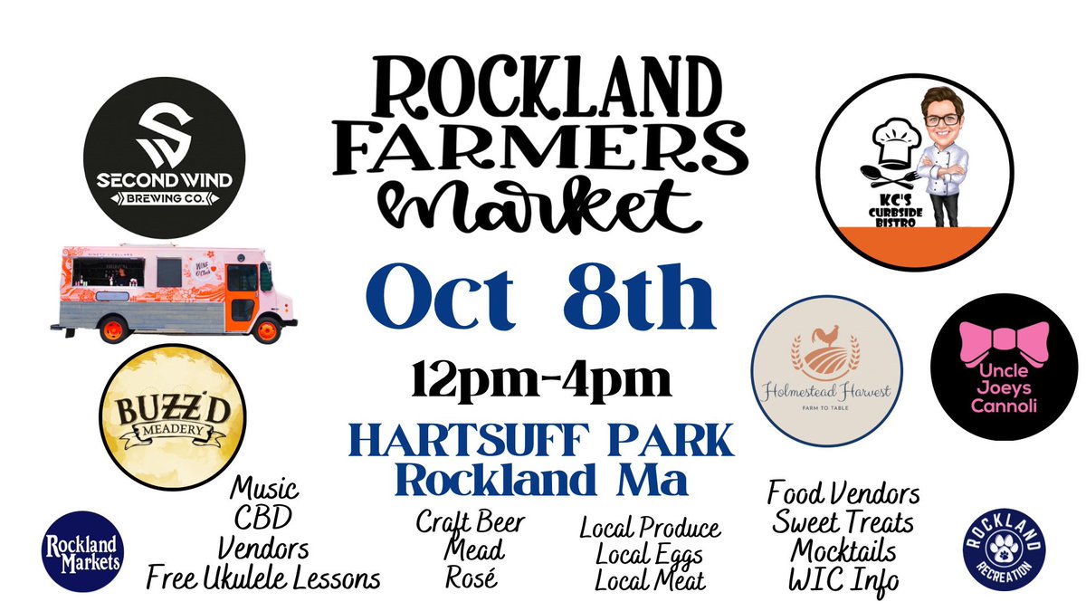 We have a great market planned this weekend Oct 8th at Hartsuff Park from 12-4pm <a href="/secondwindbeer/">Second Wind Brewing</a> 
<a href="/90pluscellars/">90+ Cellars</a> 
<a href="/UncleJoeysCan/">Uncle Joey's</a> 
<a href="/jaimeemakes/">Supportlocalbabes</a> <a href="/RocklandCulture/">Rockland Culture</a> 
<a href="/Rocklandrec/">Rockland Recreation</a> 
Dave Maloof will be giving free Ukulele lessons so come join the fun.