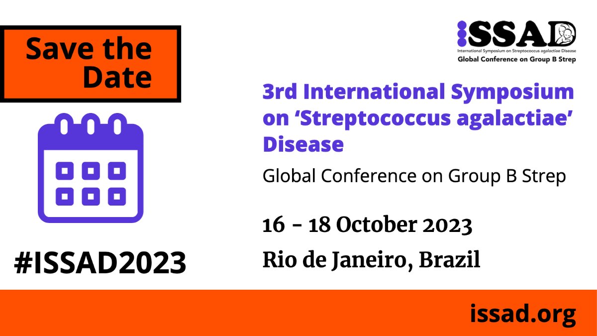 IssadOrg's tweet image. 🚨Announcement🚨: Save the date for the 3rd International Symposium on ‘Streptococcus agalactiae’ Disease will take place on the 16 – 18 October 2023, Rio de Janeiro, Brazil. bit.ly/issadical #GroupBStrep #meningitis #sepsis #pneumonia #Defeatmeningitis #ISSAD2023 #WMD2022