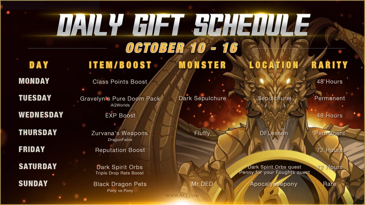 Alina_AE's tweet photo. The October 2022 Daily Login Gift schedule is now available! See what boosts and reward items are headed your way during our Artix Entertainment 20th Anniversary celebration. Log in each day for a new free gift, boost, or bonus! https://t.co/5m8eTAFhGs #AQWDailyGift https://t.co/4n0plLRBiT