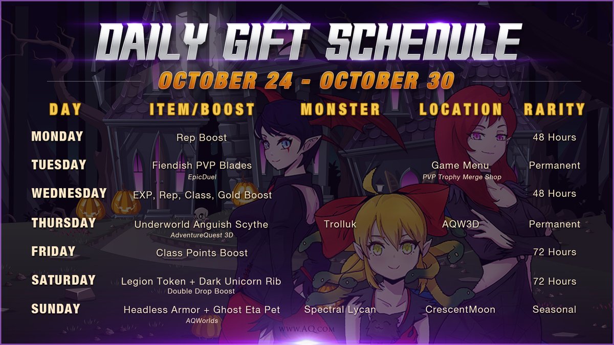 Alina_AE's tweet photo. The October 2022 Daily Login Gift schedule is now available! See what boosts and reward items are headed your way during our Artix Entertainment 20th Anniversary celebration. Log in each day for a new free gift, boost, or bonus! https://t.co/5m8eTAFhGs #AQWDailyGift https://t.co/4n0plLRBiT