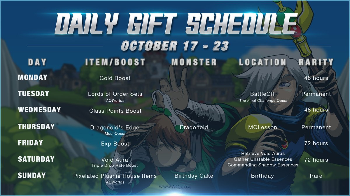Alina_AE's tweet photo. The October 2022 Daily Login Gift schedule is now available! See what boosts and reward items are headed your way during our Artix Entertainment 20th Anniversary celebration. Log in each day for a new free gift, boost, or bonus! https://t.co/5m8eTAFhGs #AQWDailyGift https://t.co/4n0plLRBiT