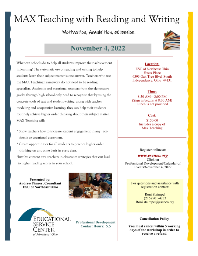 ESCNortheastOH's tweet photo. The ESC of Northeast Ohio is hosting a professional development workshop on November 4 focusing on the MAX Teaching framework. 

Learn more about the course and register here: https://t.co/h48oPryRFr https://t.co/eKEWWAkImA