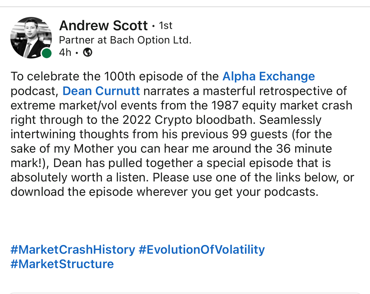 Alpha_Ex_LLC's tweet photo. Wanted to bring this over from Linkedin...Andrew is too kind but wrong about the 99 guests. @bennpeifert @barryknapp @longtailalpha @ArtemisVol and Eric Peters were all repeat guests.🙂 Do believe its worth 52 minutes of your time. https://t.co/7zKjOWIPQV https://t.co/GA3LXVTmUO