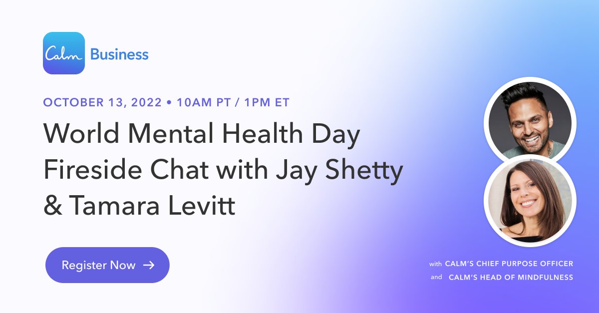 In honor of #WorldMentalHealthDay, @jayshetty and @TamaraLevitt are partnering for a fireside chat to share their own mental health journeys, tips on cultivating a mindfulness practice, and more. It's free and open to all. Join us! Sign up here: cal.mn/mental-health-…