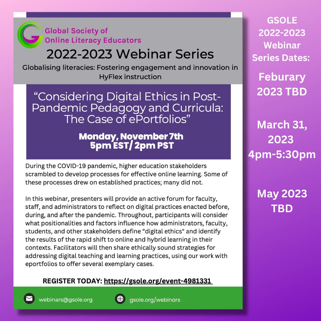 gsoleducators's tweet photo. Register today for the upcoming #GSOLE Webinar, "Considering Digital Ethics in Post-Pandemic Pedagogy and Curricula: The Case of ePortfolios" https://t.co/RYxTbA14sF https://t.co/UH1odDPdIP