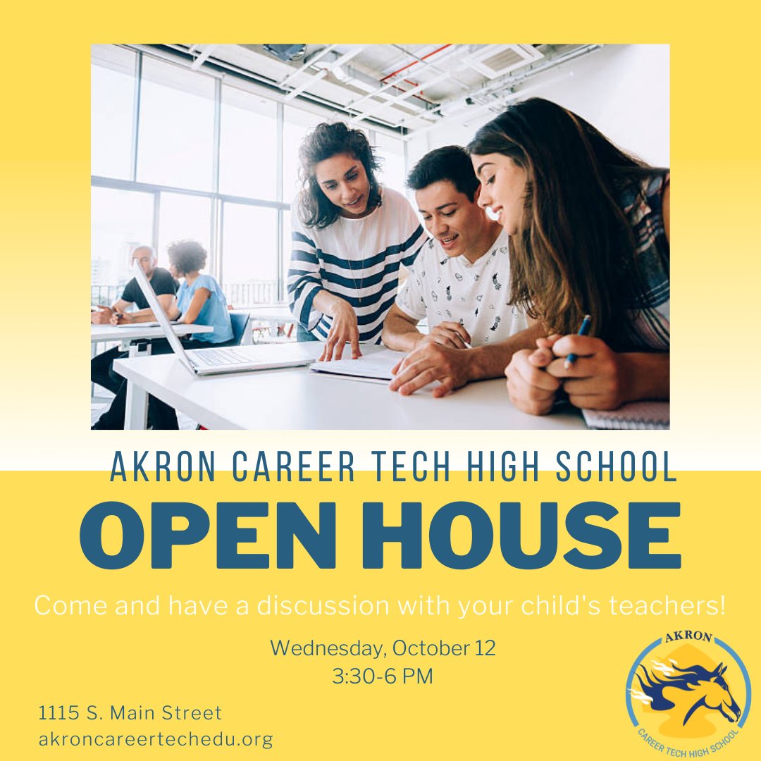 AkronCareerTech's tweet photo. Good morning, A.C.T. parents! Be sure to join us next Wednesday, October 12 from 3:30 to 6 PM for our Akron Career Tech High School Open House!

You'll be able to discuss your child's academic progress with their teachers in a welcoming setting!

#openhouse #akron #ACT https://t.co/B2s33YJvlZ