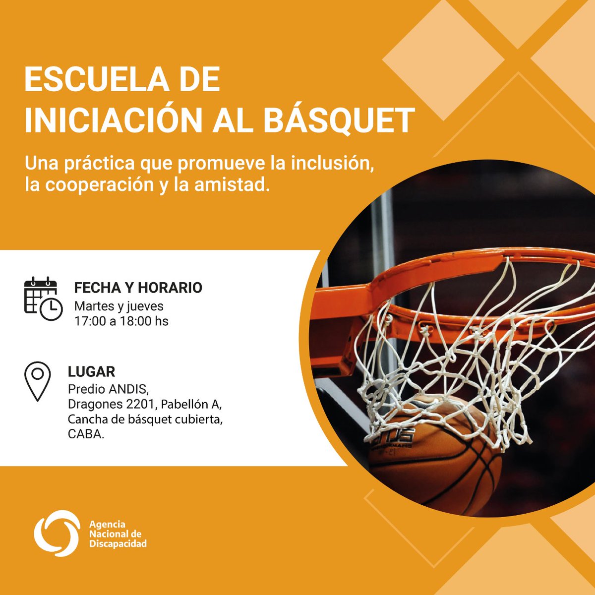 ANDIS_Arg's tweet image. 🏀 | Te invitamos a ser parte de la escuela de iniciación al básquet.

🗓 | Martes y jueves 
🕑 | 17 a 18 horas 
📍 | Dragones 2201 - CABA

Te podés inscribir de manera presencial en el Pabellón A, oficina de Deportes, Recreación y Cultura o por mail a deportes@andis.gob.ar