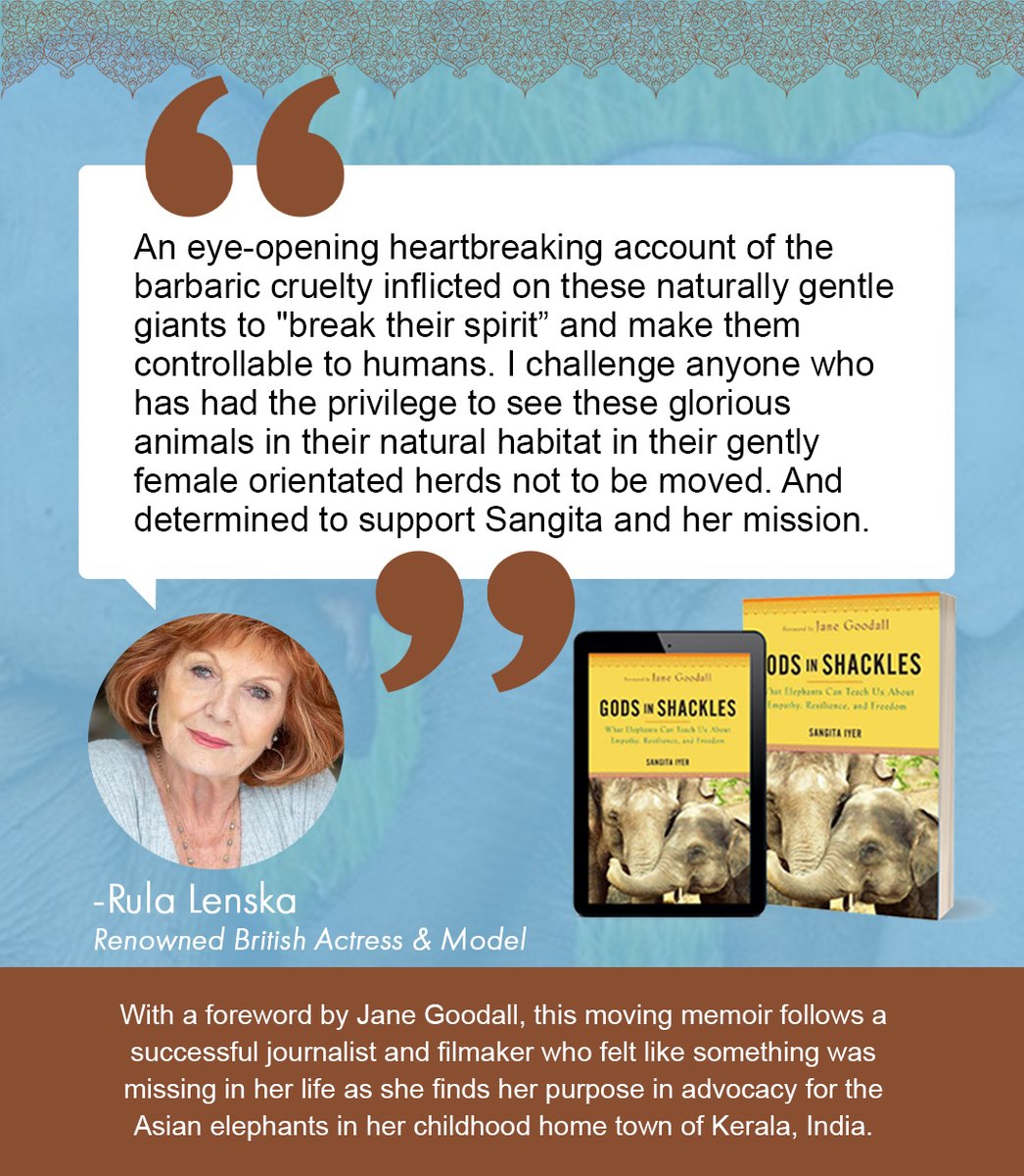 ElephantMatrix's tweet image. 📒 #GodsinShackles has received a 5-star rating on @amazon 💯, and is drawing the attention of global celebrities. 🔥
Rula Lenska, a famous British actress, also an 🐘 lover had these profound words.⬇️

50% of 📒 sales go towards helping the 🐘 of 🇮🇳. 

➡️ amzn.to/309SUlS