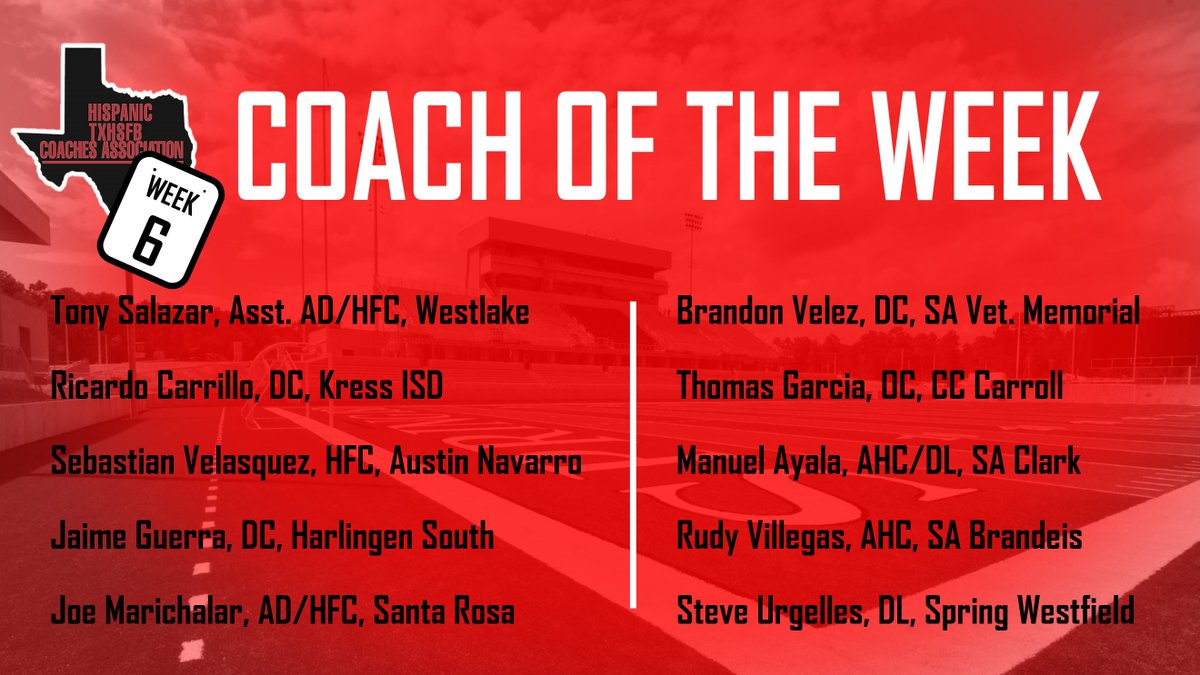 COACH OF THE WEEK- Today we highlight the work of ten coaches doing big things under the Friday night lights! We appreciate the work of our members and want to congratulate you on receiving HTXHSFBCA Coach of the Week honors. Good luck the rest year!