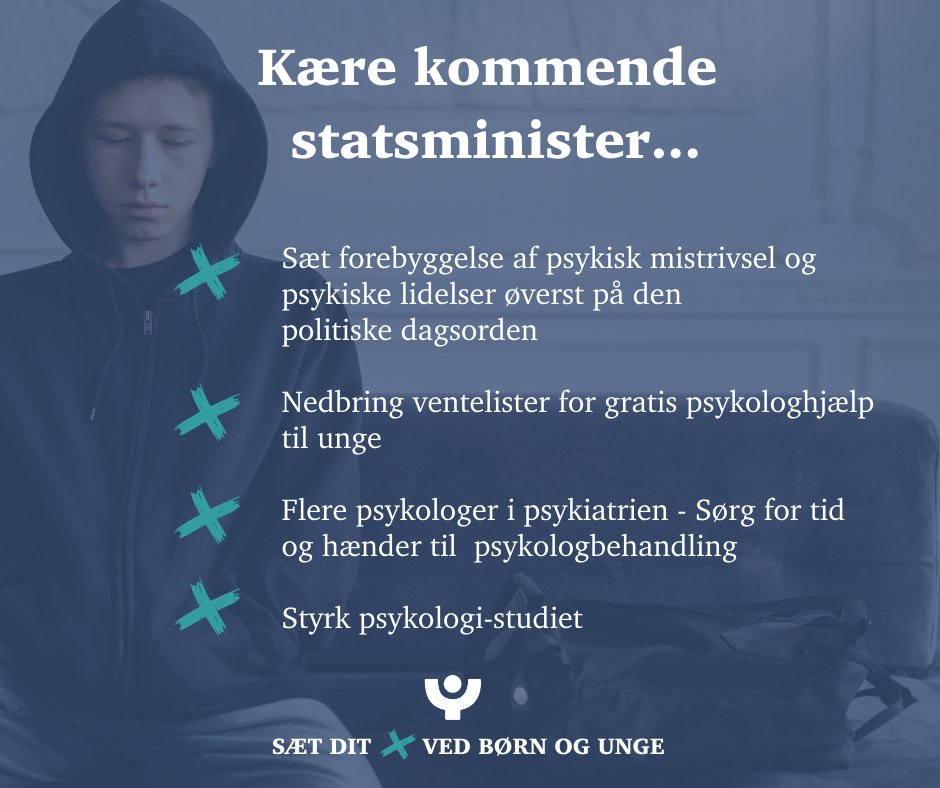 DanskPsykologF's tweet photo. Valgkampen er skudt i gang❌

Vi står i en mental sundhedskrise, som kan have langvarige konsekvenser for børn/unge og for samfundet. 
Vi skal skabe et samfund, som langt færre børn og unge mistrives i - og sikre hjælp til børn, unge og voksne med psykiske lidelser.

#FV22 #dkpol https://t.co/jTRLMSLp31
