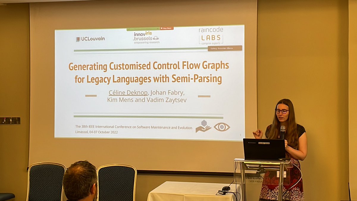 johanfabry's tweet image. Action shot of Céline presenting our @IEEEICSME #icsme2022 paper on generating CFGs for legacy languages with semi-parsing. Joint work with @kim_mens @grammarware It gets a big 👍 of the @RaincodeLabs 🐉