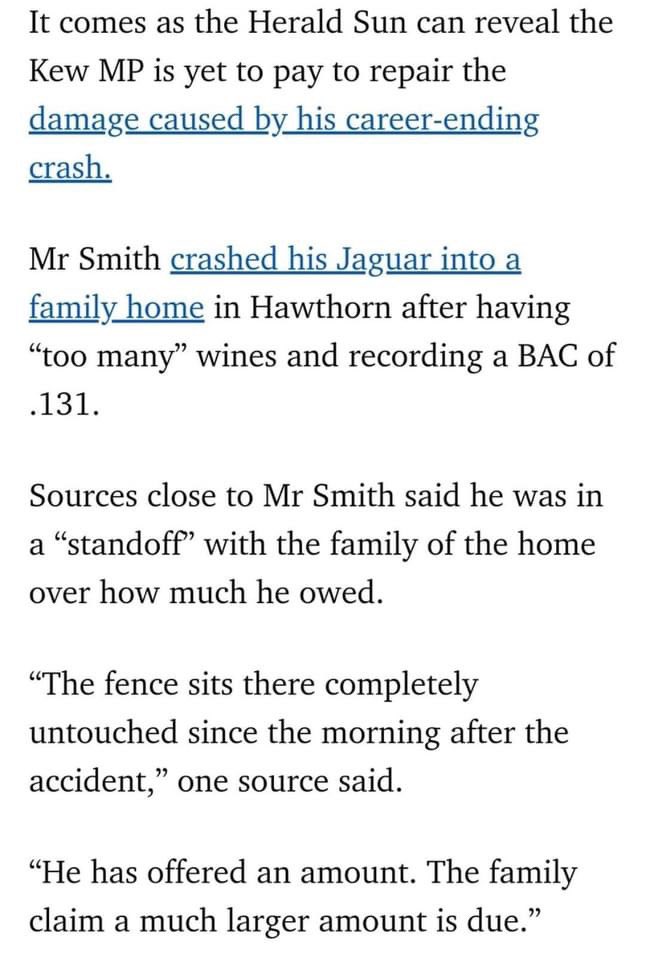 Padadoz's tweet photo. #timsmithmp is haggling over the cost of repairing the family’s place he drunkenly smashed into. Stay classy Tim. #springst https://t.co/7EHbfIlrJD