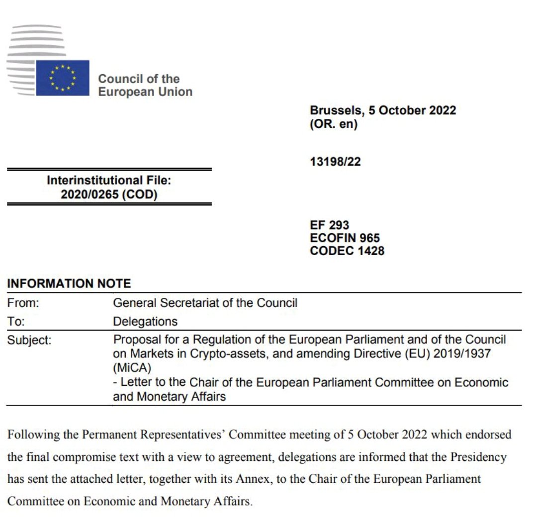 📍The final #legal text of the #EU’s #Markets in #CryptoAssets #MiCA regulation has passed on Wednesday morning. 

✅ Are we/you ready? 

Let's dive in!

EUR-Lex - ST_13198_2022_INIT - EN - EUR-Lex
 europa.eu/!jwXPgR 

1/n