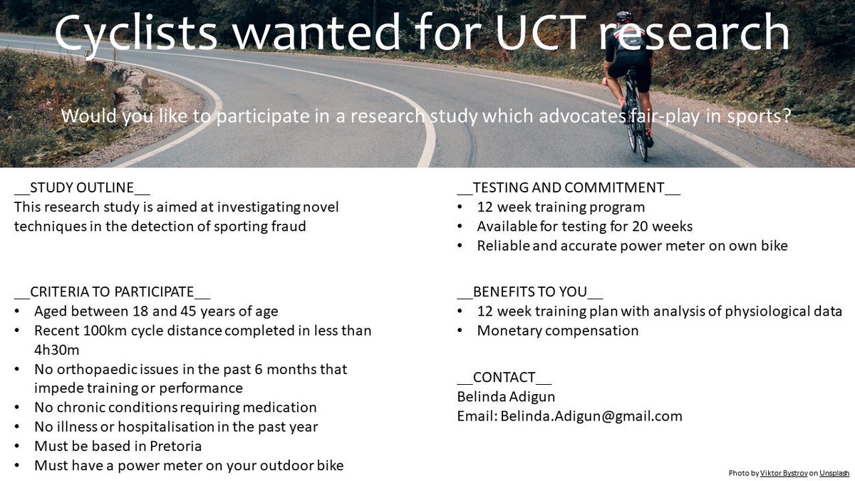 If you’re a competitive cyclist in Gauteng then please help us finish up this research project. We need another 6 people.