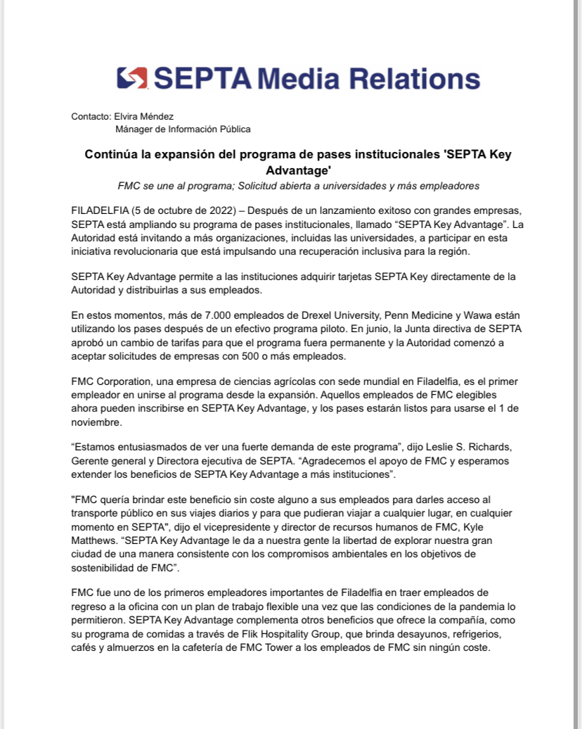 SEPTANews's tweet photo. 🆕#SEPTA Key Advantage Institutional Pass Program Expansion Continues: @FMCAgUS joins program.
🆕Continúa la expansión del programa de pases institucionales 'SEPTA Key Advantage': FMC se une al programa.
https://t.co/jUeIUHLj3x
#SEPTANews #ISEPTAPHILLY #FMCCorp #FMCAgUS https://t.co/oAImKF5hg7