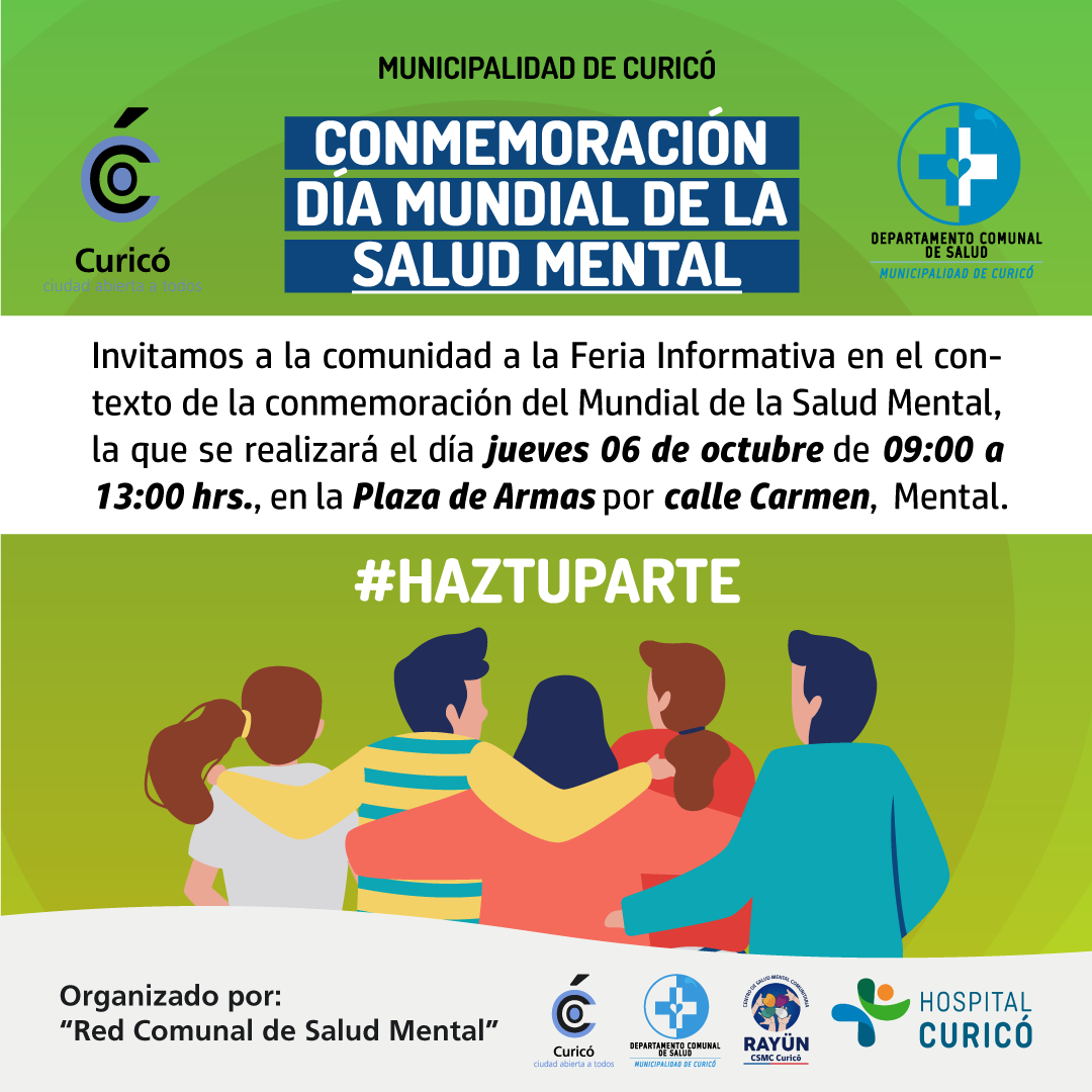 [DÍA MUNDIAL DE LA SALUD MENTAL]

Mañana entre las 09:00 y 13:00 horas, nuestros equipos de la Salud Municipal, junto al Cosam Rayün y el Hospital de Curicó, estarán en la Plaza de Armas, en un Feria Informativa sobre la Salud Mental. 
Nos encontramos mañana.