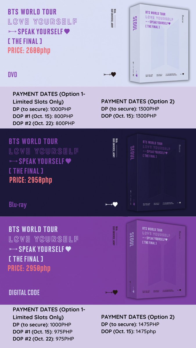 SeoulCandE's tweet photo. [Please help RT 💜]

✨BTS LOVE YOURSELF: SPEAK YOURSELF [THE FINAL] PH GO ✨
Price:
🍬DVD- 2600php
🍬Digital Code &amp; Blu-ray- 2950php

⚪️Payment Dates: listed below
*there are 2 options, please read them in the pic below 😊

🏷️phgo lfb wts army dp dvd br ly sy long dop https://t.co/BGViROu6qf