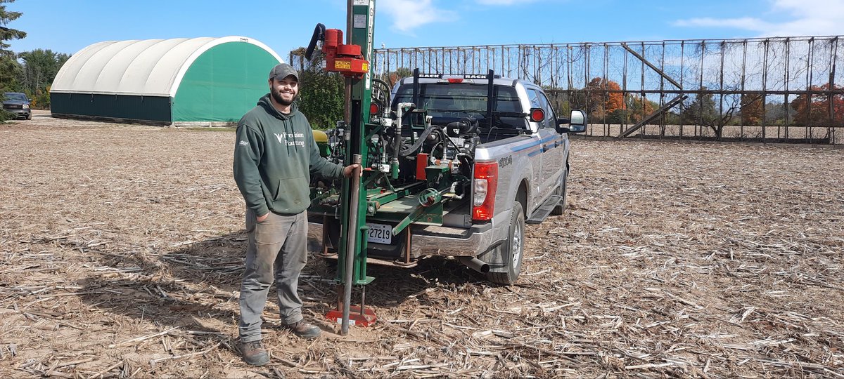 This is the next step in the soil mapping process - sampling the soil to depth (~ 1m) at preselected locations across the farm.  <a href="/Woodrill/">Woodrill</a> 
(And, yes, that's an old corn crib. Not used for 25+ years.)