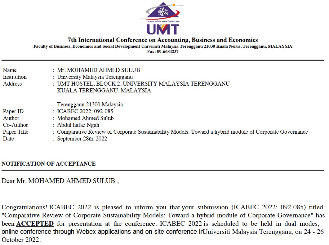mosulub's tweet photo. I'm very glad to hear that my paper on "#corporategovernance and #sustainability" is accepted for the 7th International Conference on Accounting, Business and Economics at University Malaysia Terengganu (#UMT). https://t.co/2UtBkzFly4