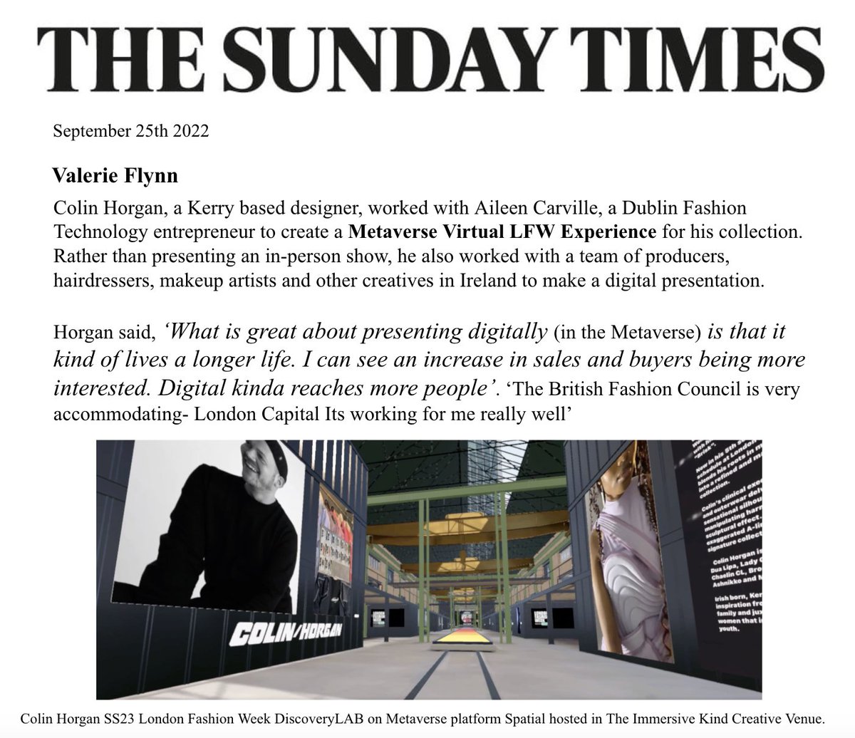 Fashion Week installation for legacy Designer Colin Horgan across London and Paris Fashion Month calendar. Installed by us <a href="/HausAsset/">ASSET HAUS</a> and founder <a href="/CarvilleAileen/">Aileen Carville</a> on <a href="/spatialxr/">❗DO NOT USE❗ Now @Spatial_io 🎉</a> in the amazing venue hosted by <a href="/ImmersiveKind/">The Immersive KIND</a> thanks to Kadine James.
Over 1.3K Fashion industry folk.