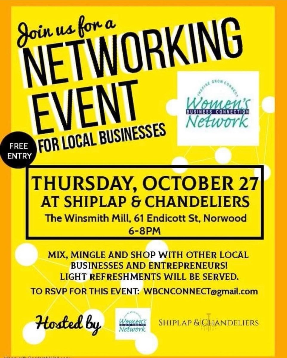 kfogartyRE's tweet photo. Need to get some networking in? How about some private holiday shopping time too? 
Thursday,  Oct 27
6 to 8
Light refreshments 
RSVP: WBCNCONNECT@GMAIL.COM 
#Networkyourbusiness
#supportlocalbusiness
#localbusinessnetworking
#growyourbusiness
#makebusinessconnections
#smallbusin https://t.co/Ei9wGozaWS
